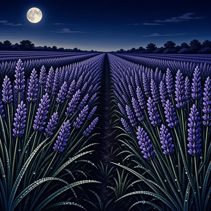 A vast purple lavender field stretches toward the horizon beneath a large bright moon in the dark blue night sky.