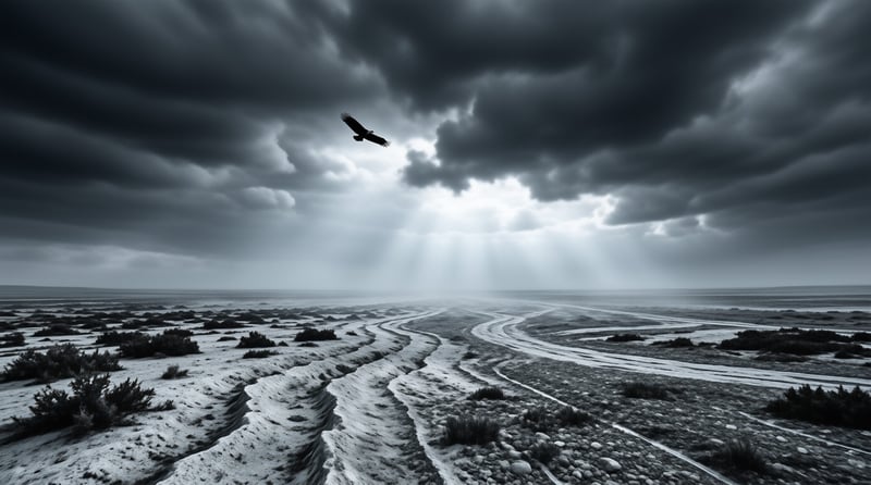 A raptor glides through dark clouds over a barren plain marked by curved riverbeds and radiant sunbeams.