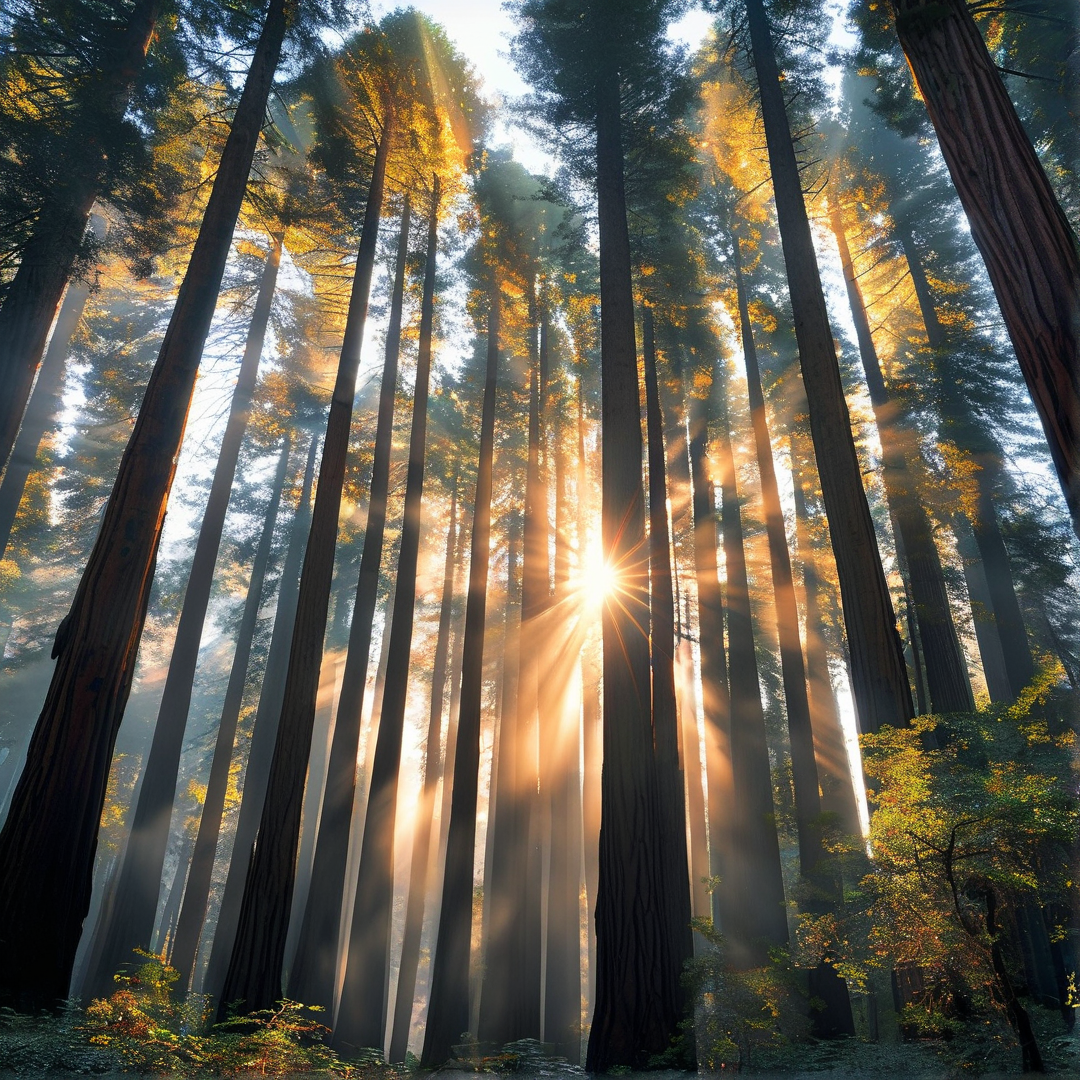 Towering redwood trees stand tall while bright sunbeams cut through the foggy forest canopy.