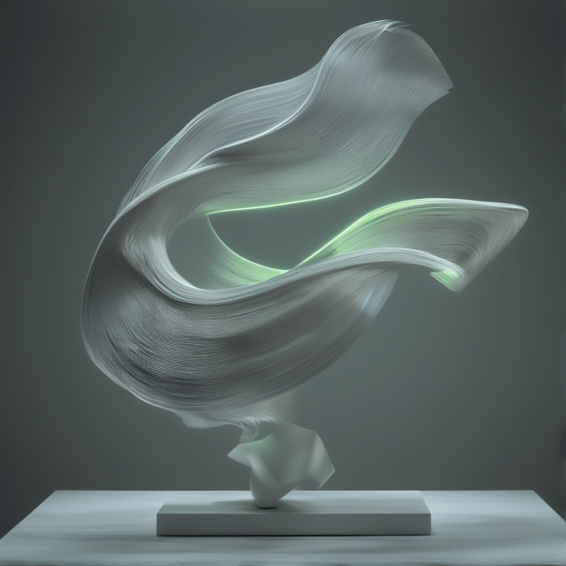 A white flowing sculpture resembling silk sits on a pedestal with green internal lighting against a dark grey background.