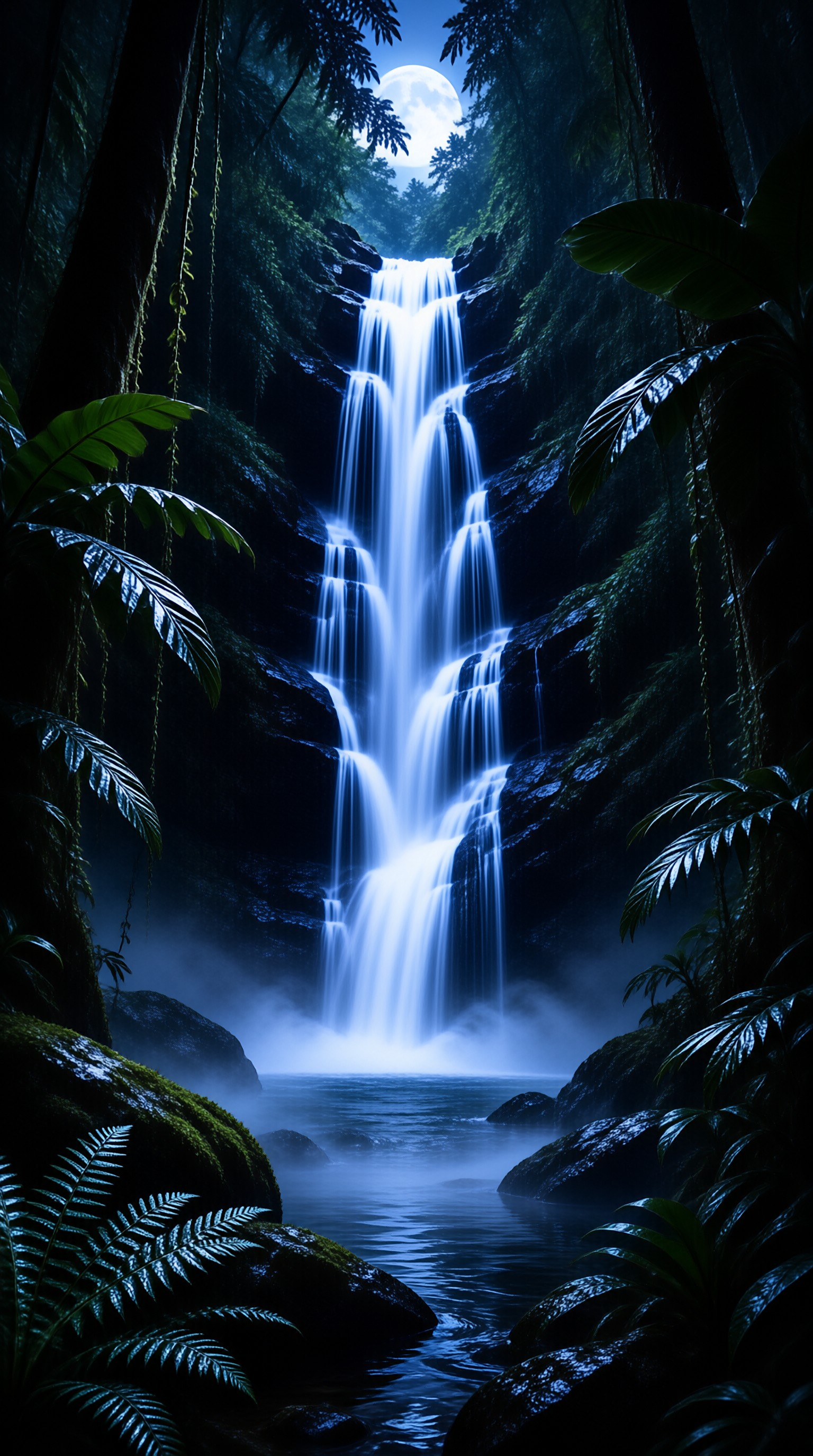 Moonlit Jungle Waterfall