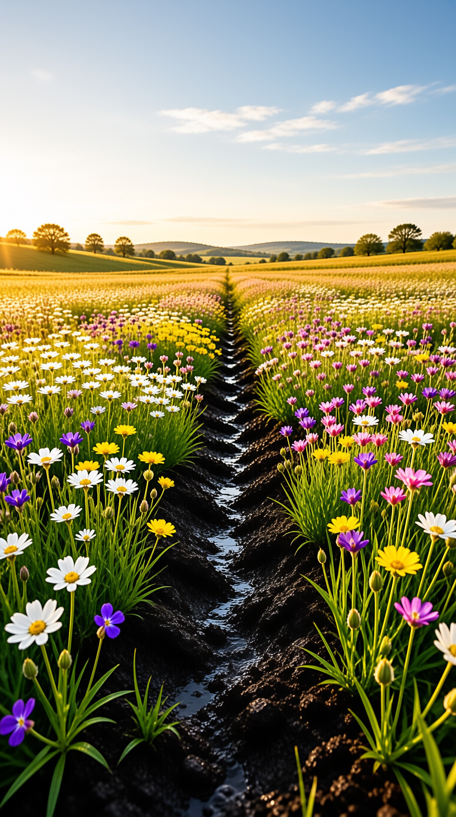 Sunlit Flower Field Stream