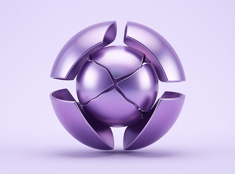 A glossy purple geometric sphere with four curved outer shell pieces floats against a pale lavender studio backdrop under even diffused light.