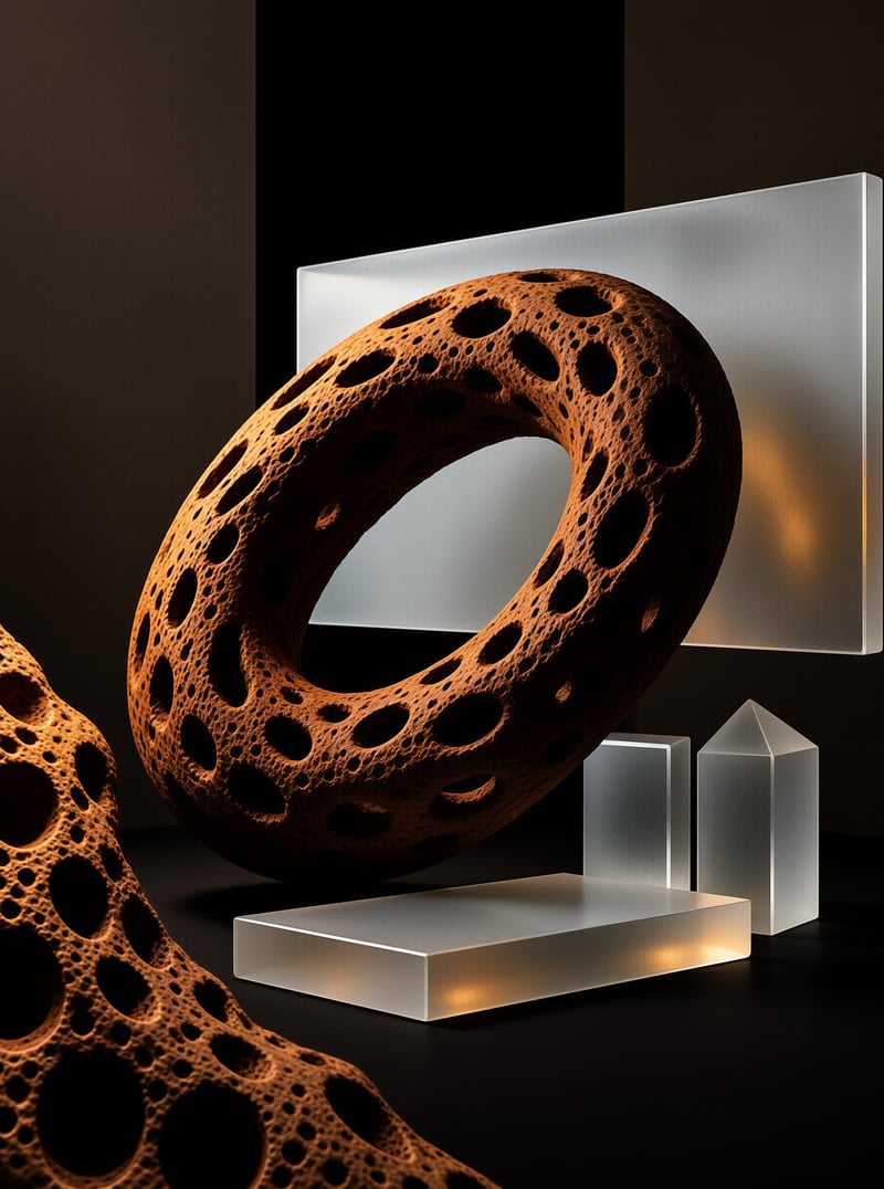 A textured orange loop floats above transparent geometric prisms lit by warm directional light against a dark backdrop.