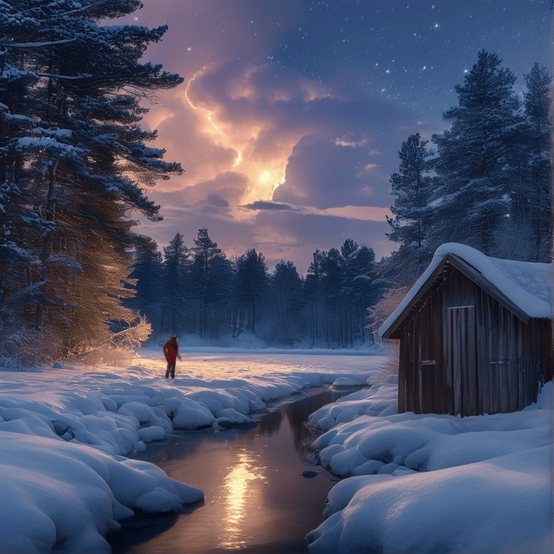 Winter Cabin at Sunset
