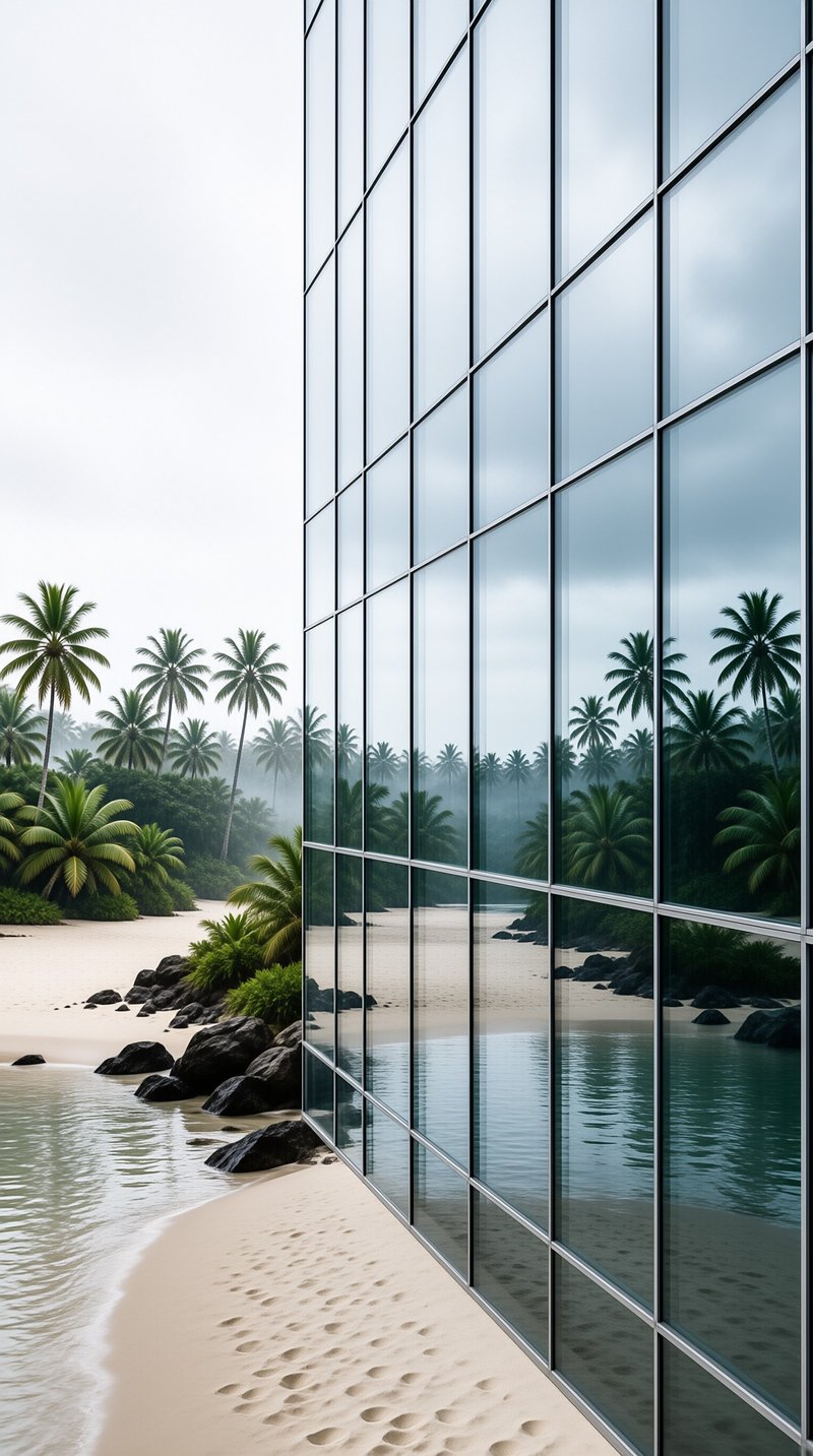 A modern glass tower standing on a tropical beach, its mirrored panels doubling the palm trees and shoreline.