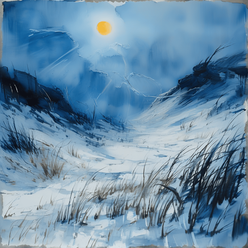 A textured painting of a winter landscape featuring dark grasses poking through white snow, with a bright sun shining over hills.