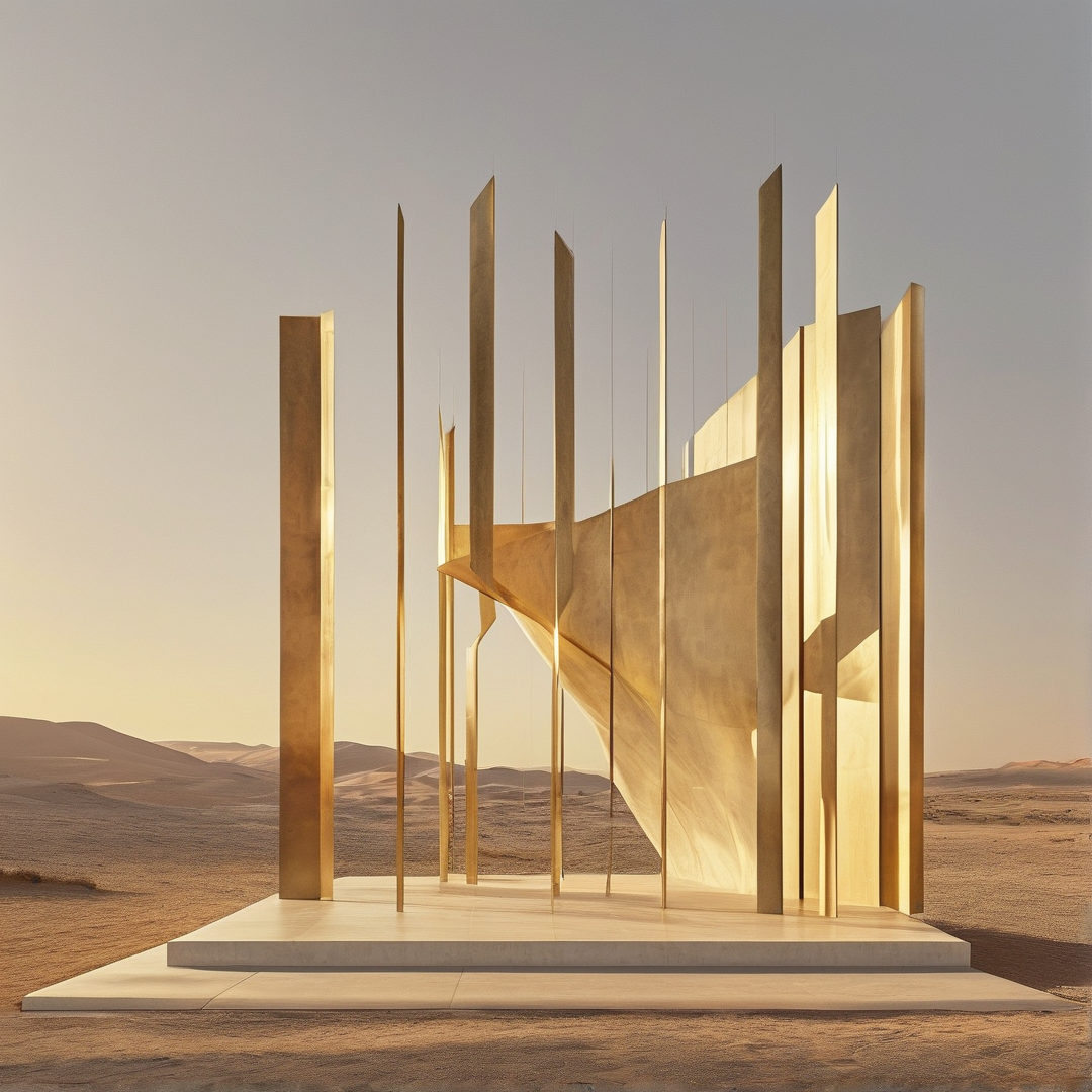 Golden abstract sculpture with vertical metallic panels on a white platform in a sandy desert under warm sunlight.