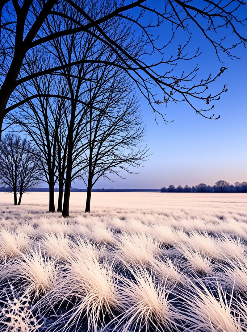 Leafless trees stand dark against a blue twilight sky above a field of white frosty grass.