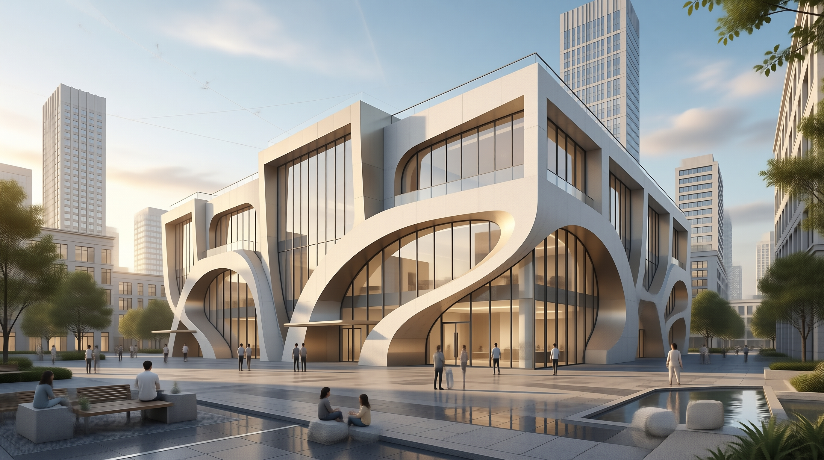 Modern Curved Building in City Plaza