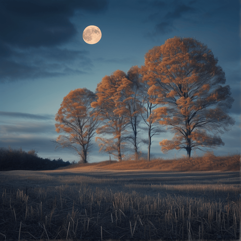 A row of yellow autumn trees stands on a grassy hill under a bright full moon in a deep blue evening sky.