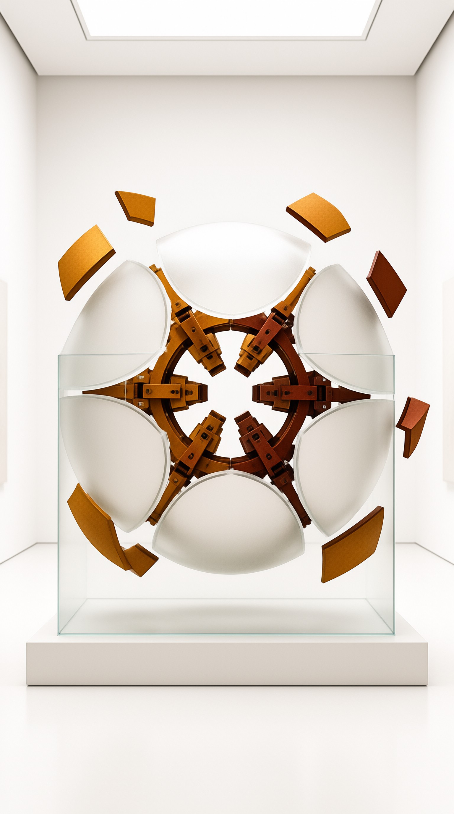 A symmetrical bronze and white mechanical art object floats within a transparent acrylic box on a white pedestal.