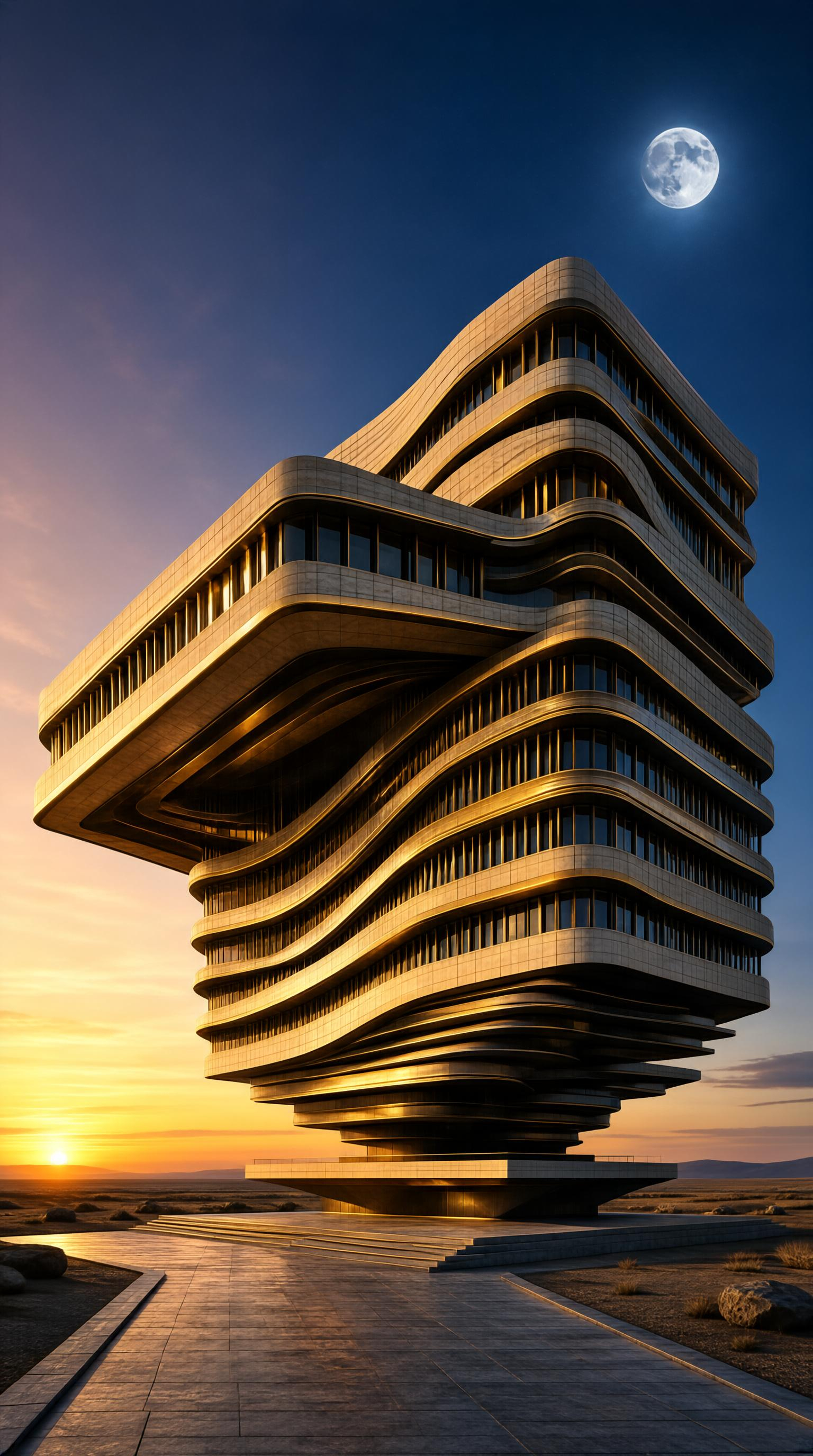 Futuristic Wavy Tower at Sunset