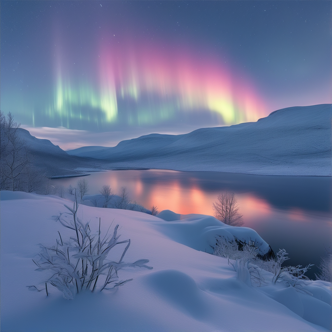 Aurora Borealis Snowy Lake