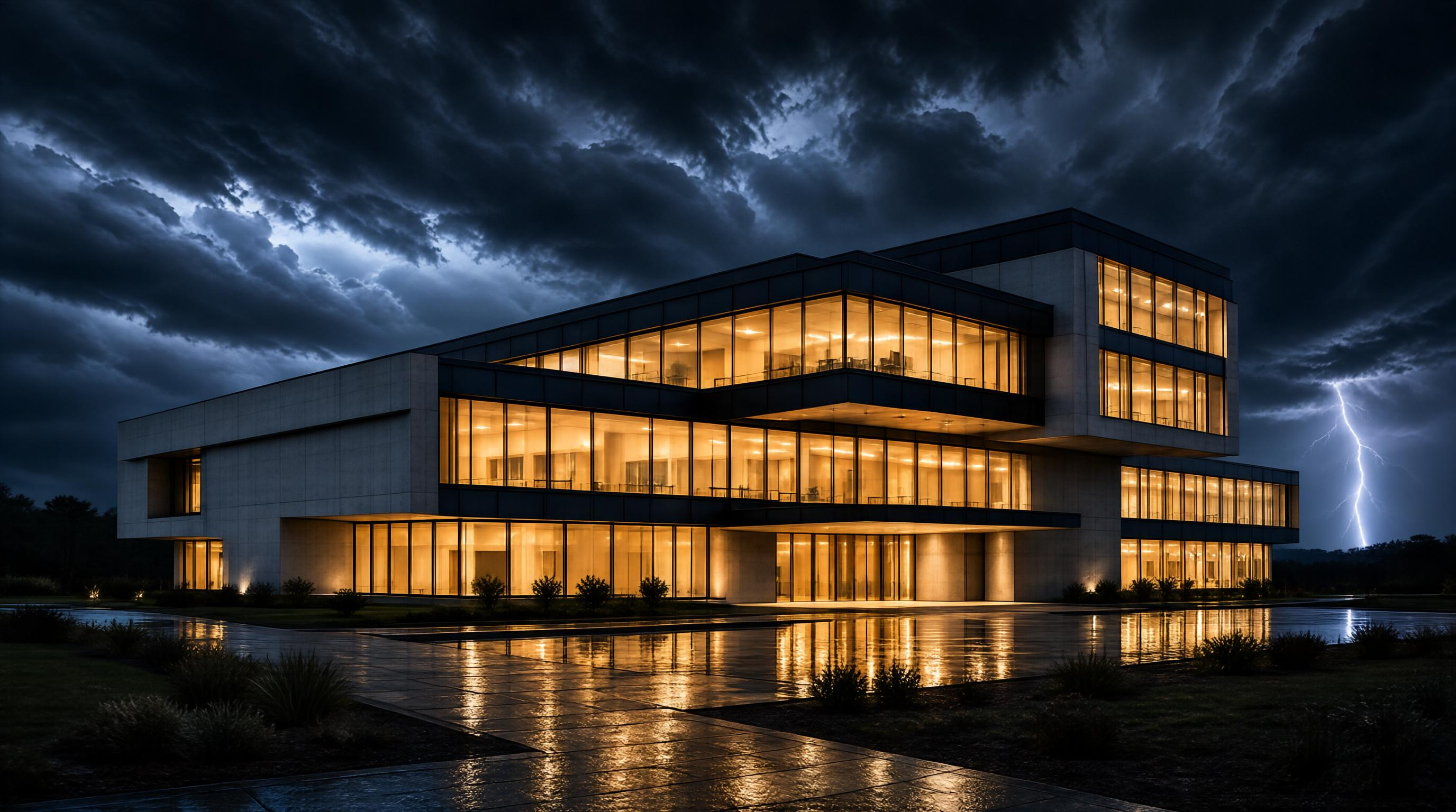 Modern Building at Night with Lightning