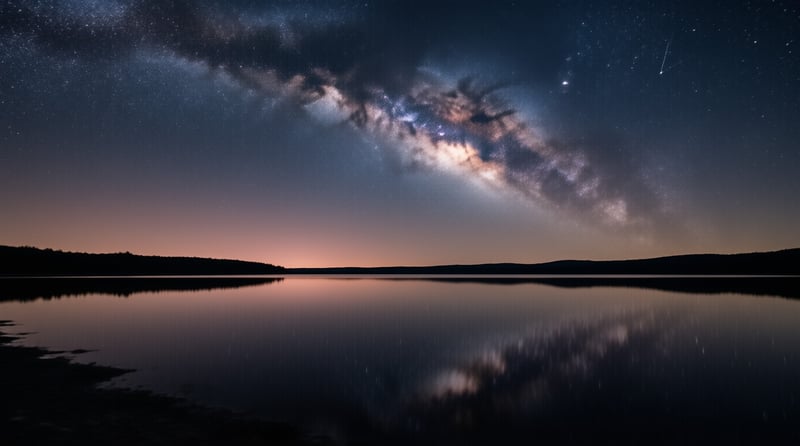 Milky Way galaxy stretches across starry night sky above calm reflective lake with orange horizon glow