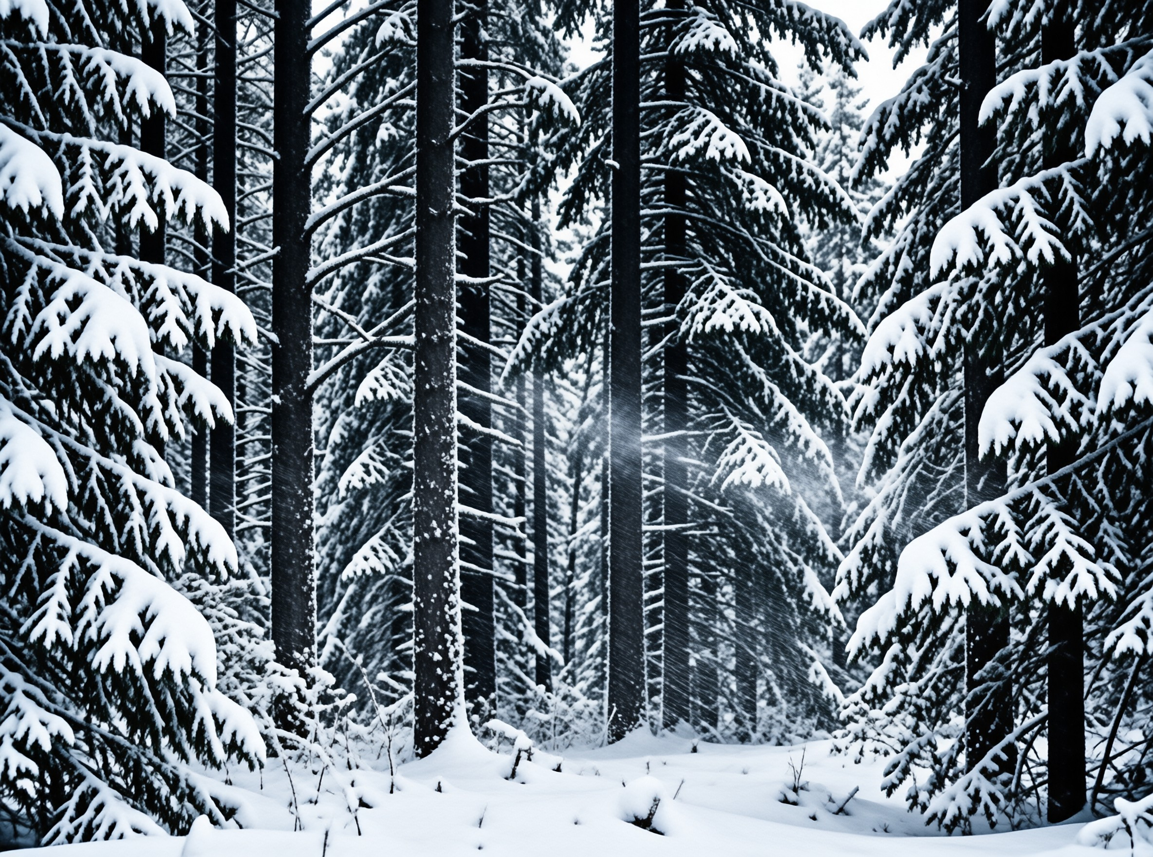 A monochrome view captures a dense forest of tall coniferous trees covered in thick snow, with dark vertical trunks contrasting against the bright white branches and falling snowflakes visible in the center.