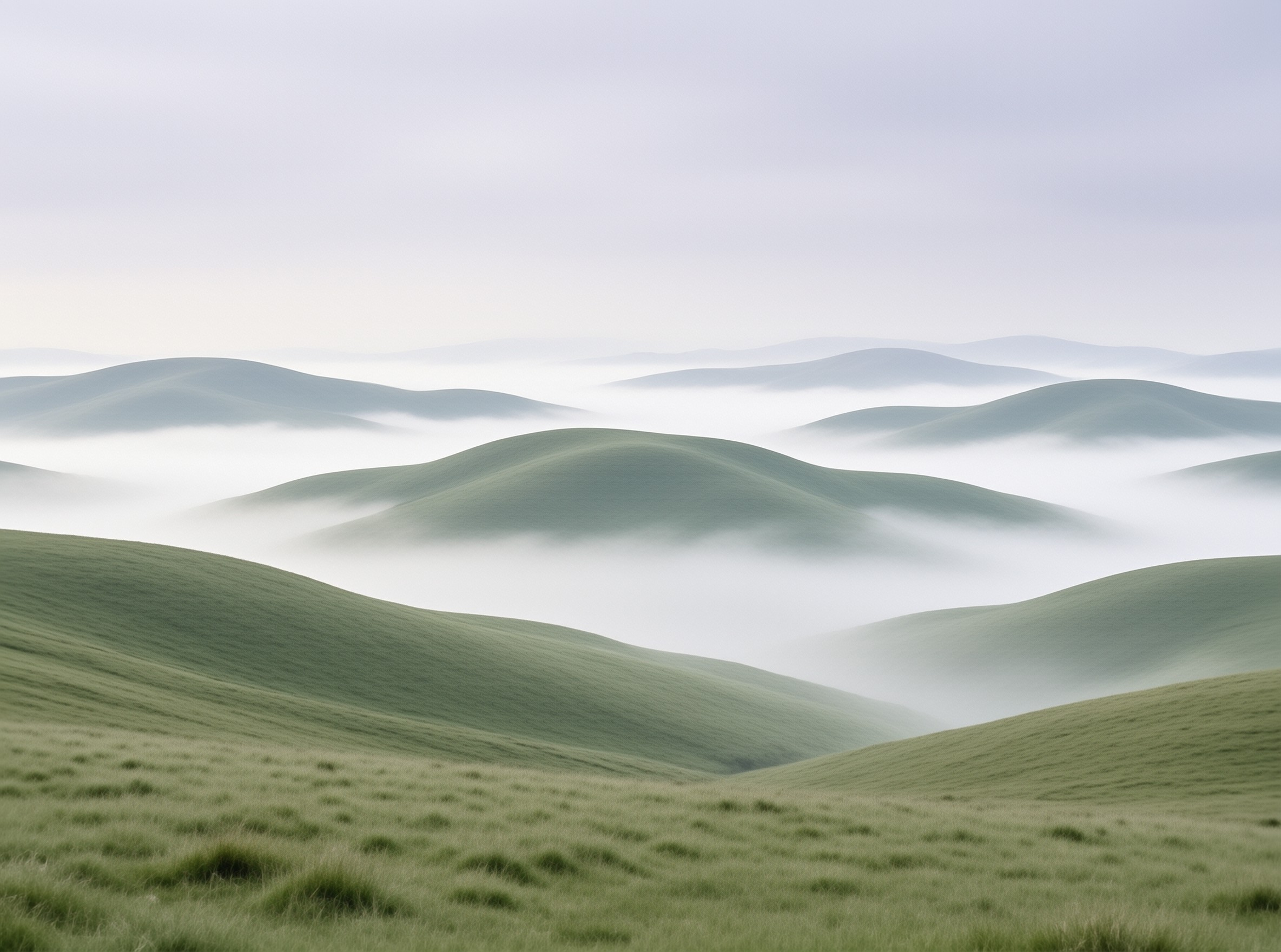 Layered grassy slopes fade into the distance beneath a soft blanket of low hanging clouds and misty air.