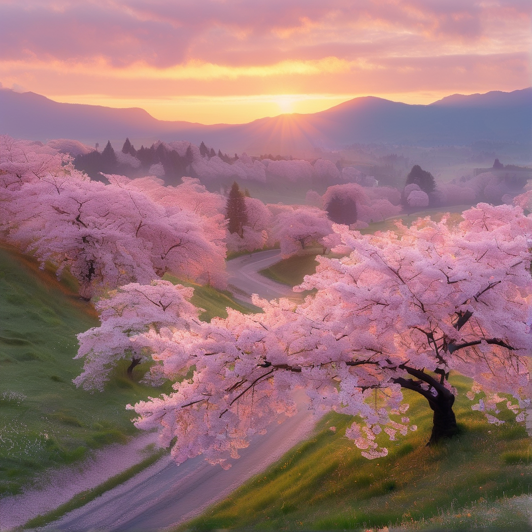 Cherry Blossom Sunset Landscape