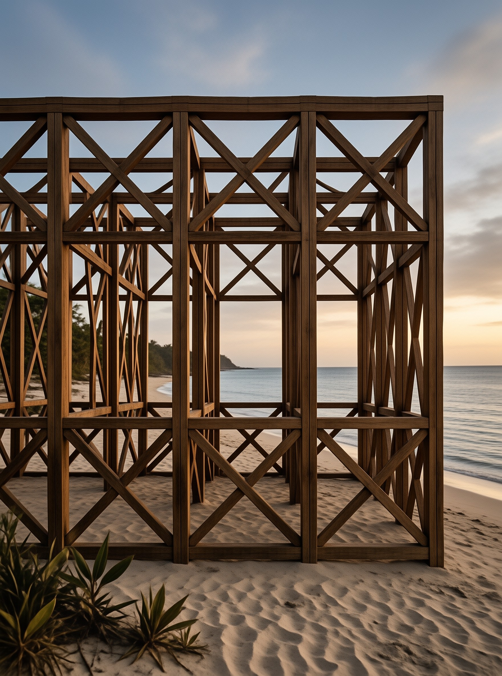 A geometric wooden structure frames the ocean view under soft sunset light on a sandy shore