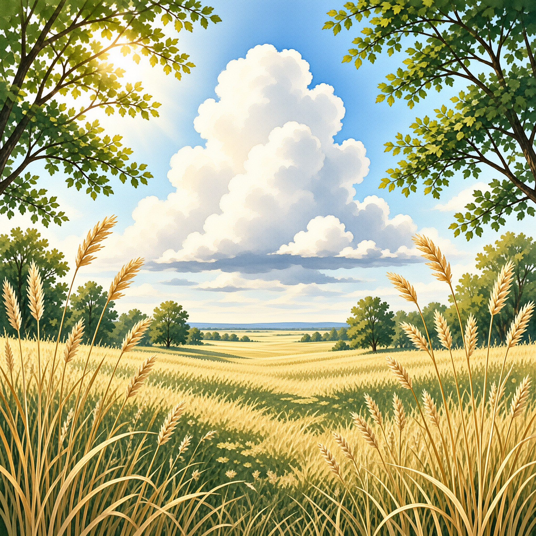 Ripe golden wheat fields stretch toward distant hills under a vast blue sky dominated by a towering white cumulus cloud.