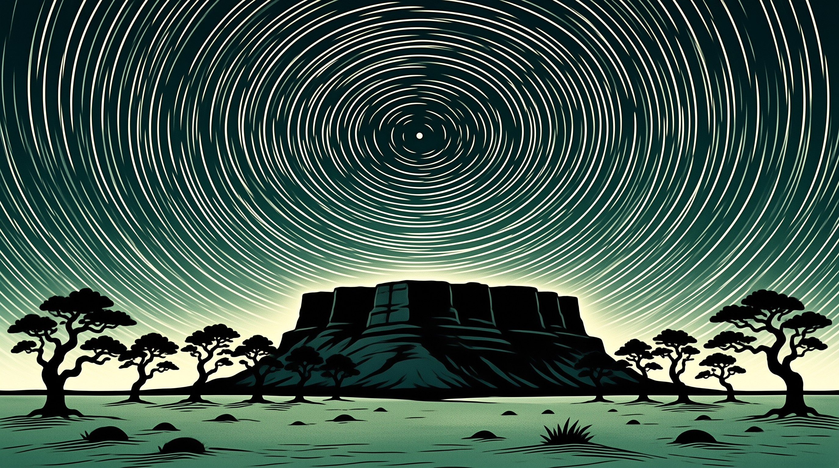 A dark mesa silhouette stands beneath concentric white star trails in a teal night sky, flanked by desert trees.