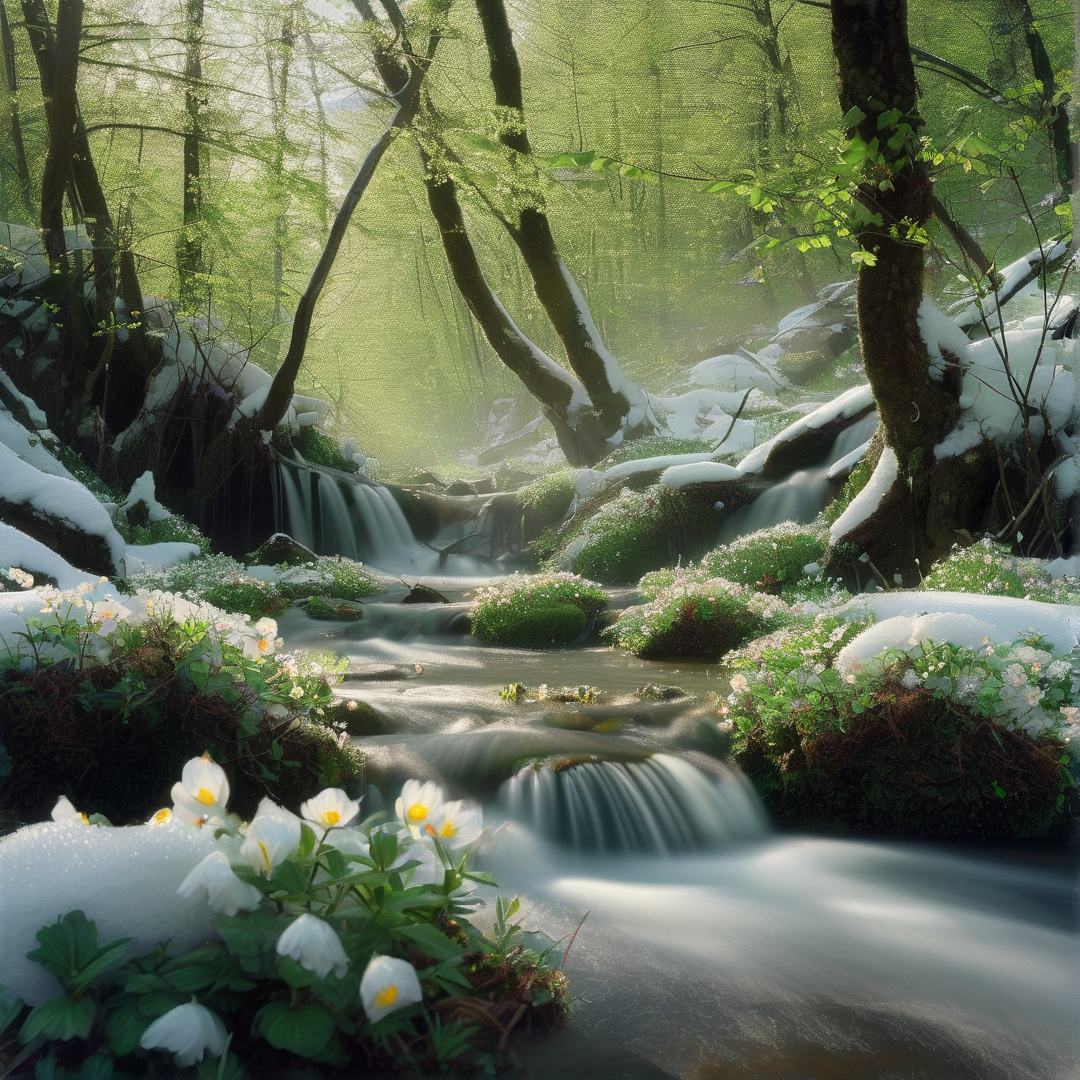 Spring Stream in Snowy Forest