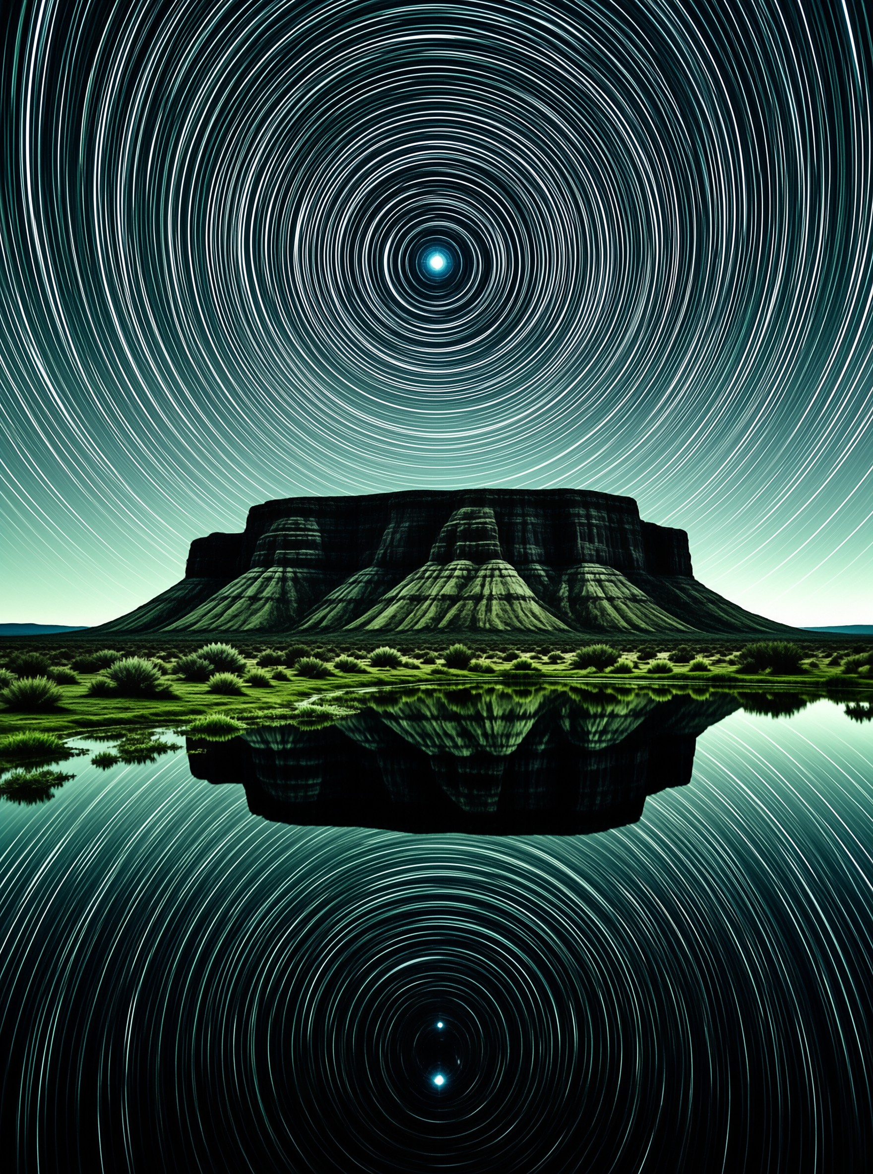 A flat-topped desert mesa stands beneath swirling star trails that are perfectly mirrored in the calm water below.
