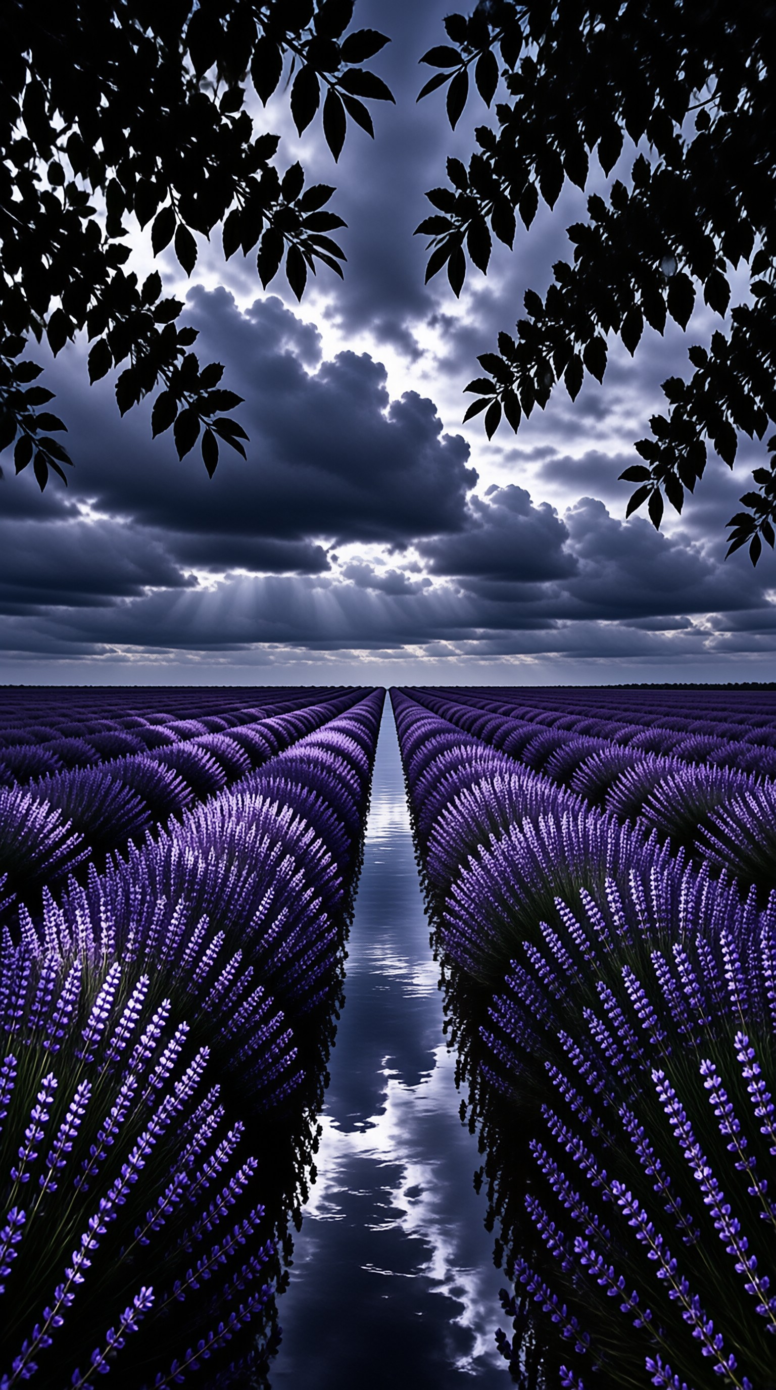 Purple lavender rows flank a narrow water channel reflecting a dramatic sky with sunbeams breaking through clouds.