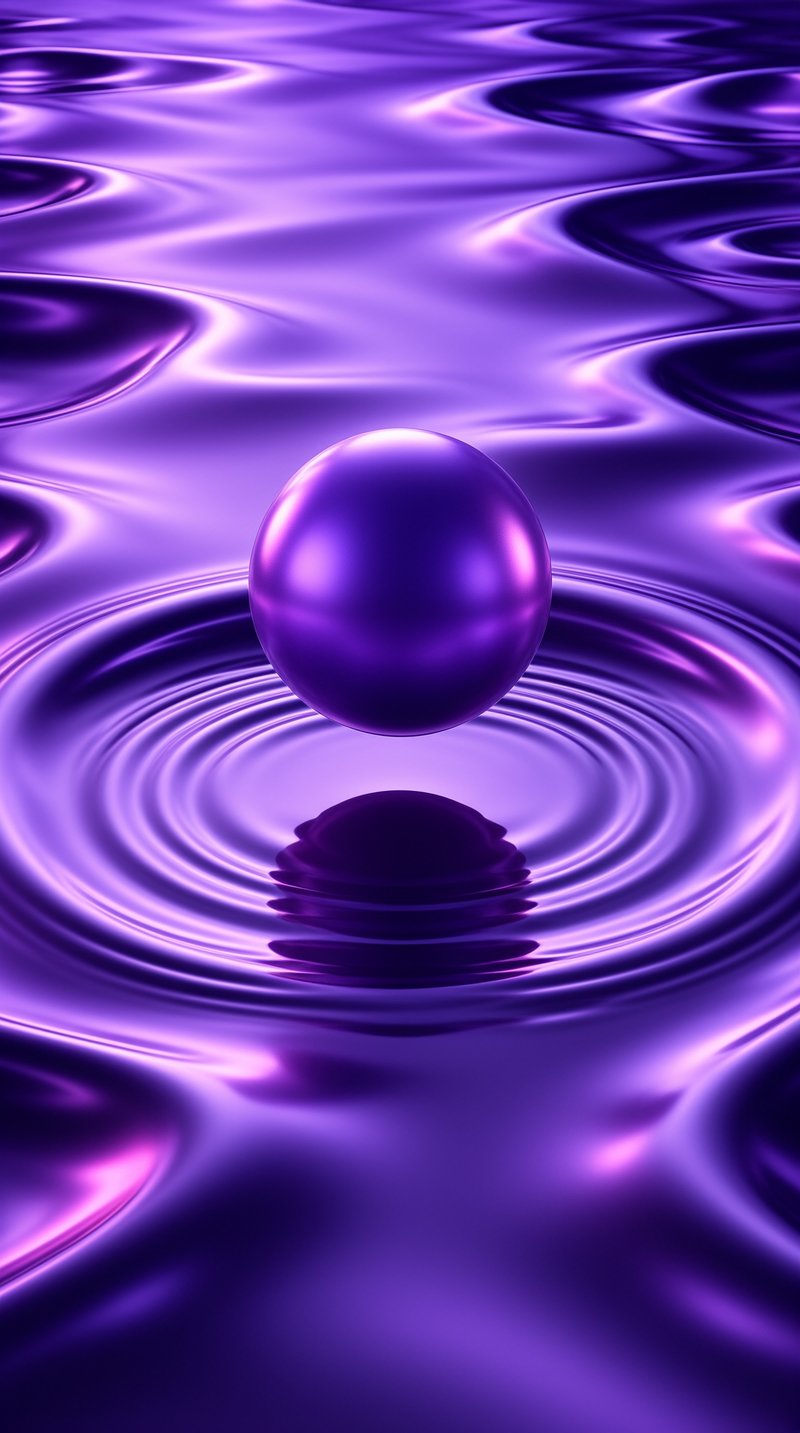 A polished indigo orb hovers directly over rippling mercury waves casting dark shadows below.