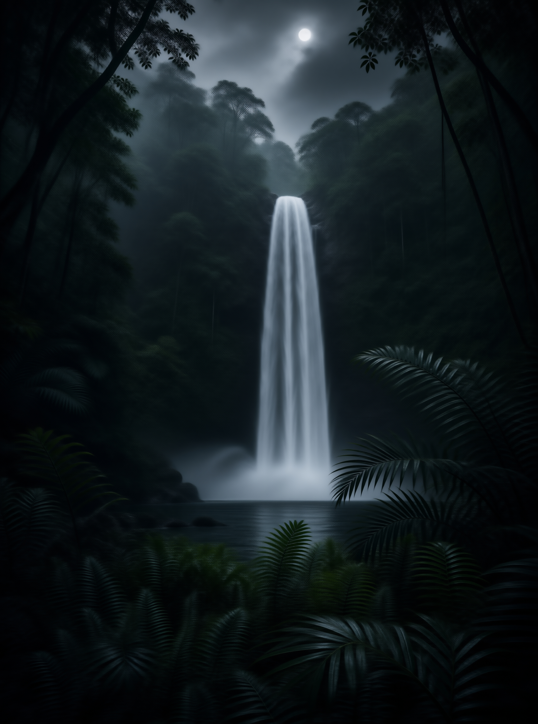 Moonlit Waterfall in Jungle