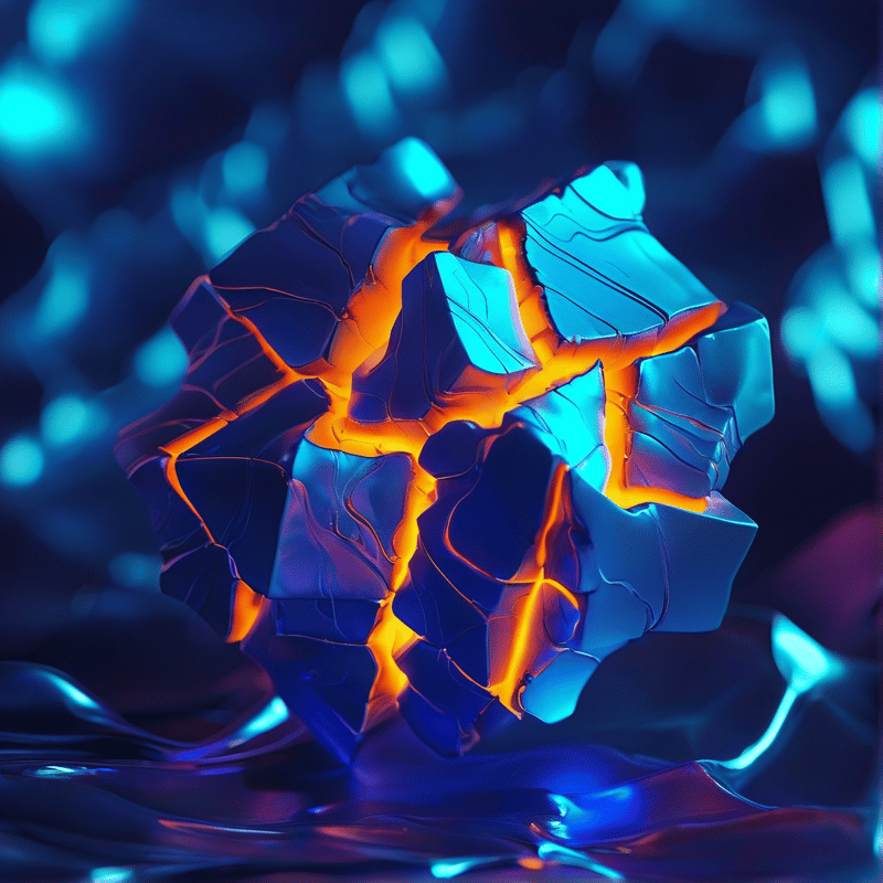 A dark faceted stone fractures to reveal intense orange molten energy inside against a soft blue background.