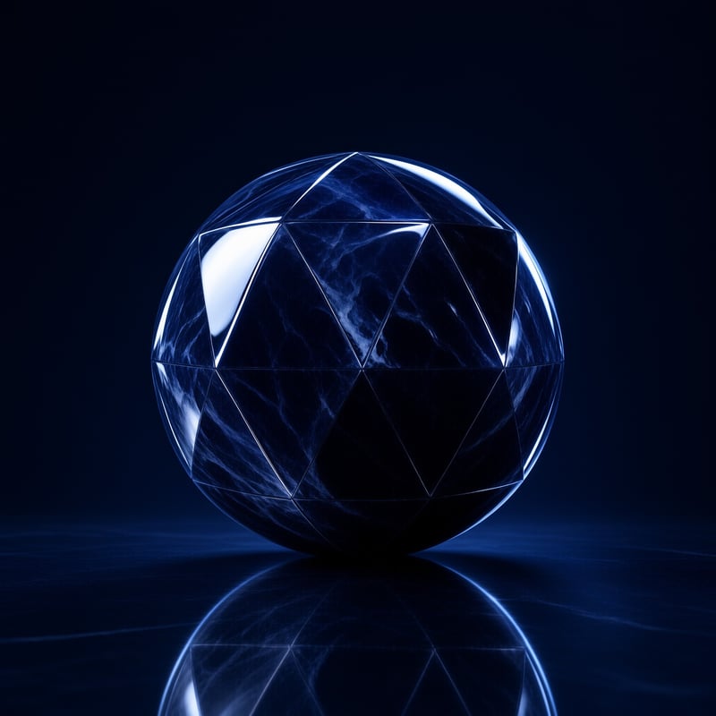 A dark blue marble sphere built from triangular facets, lit from the upper left, mirrored on the glossy floor beneath it.