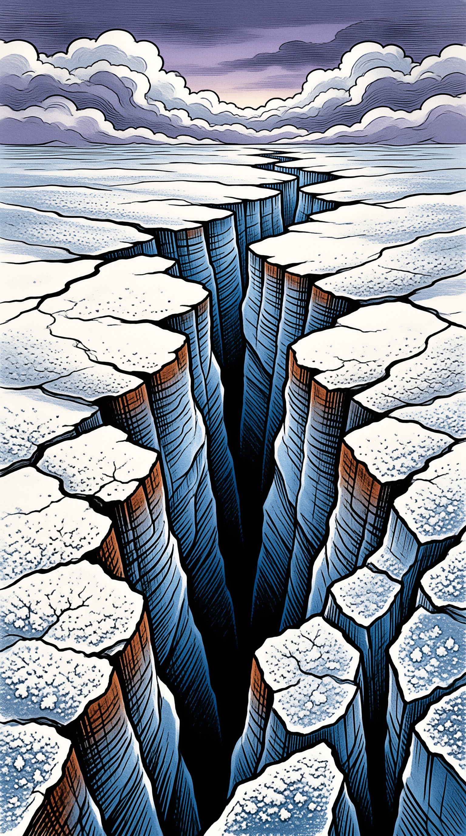 A field of cracked ice plates splits beneath a soft lilac sky with rounded clouds