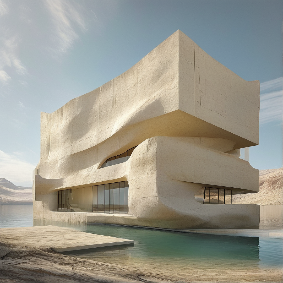 A white sculptural building with flowing curves sits beside a calm pool in a desert setting.