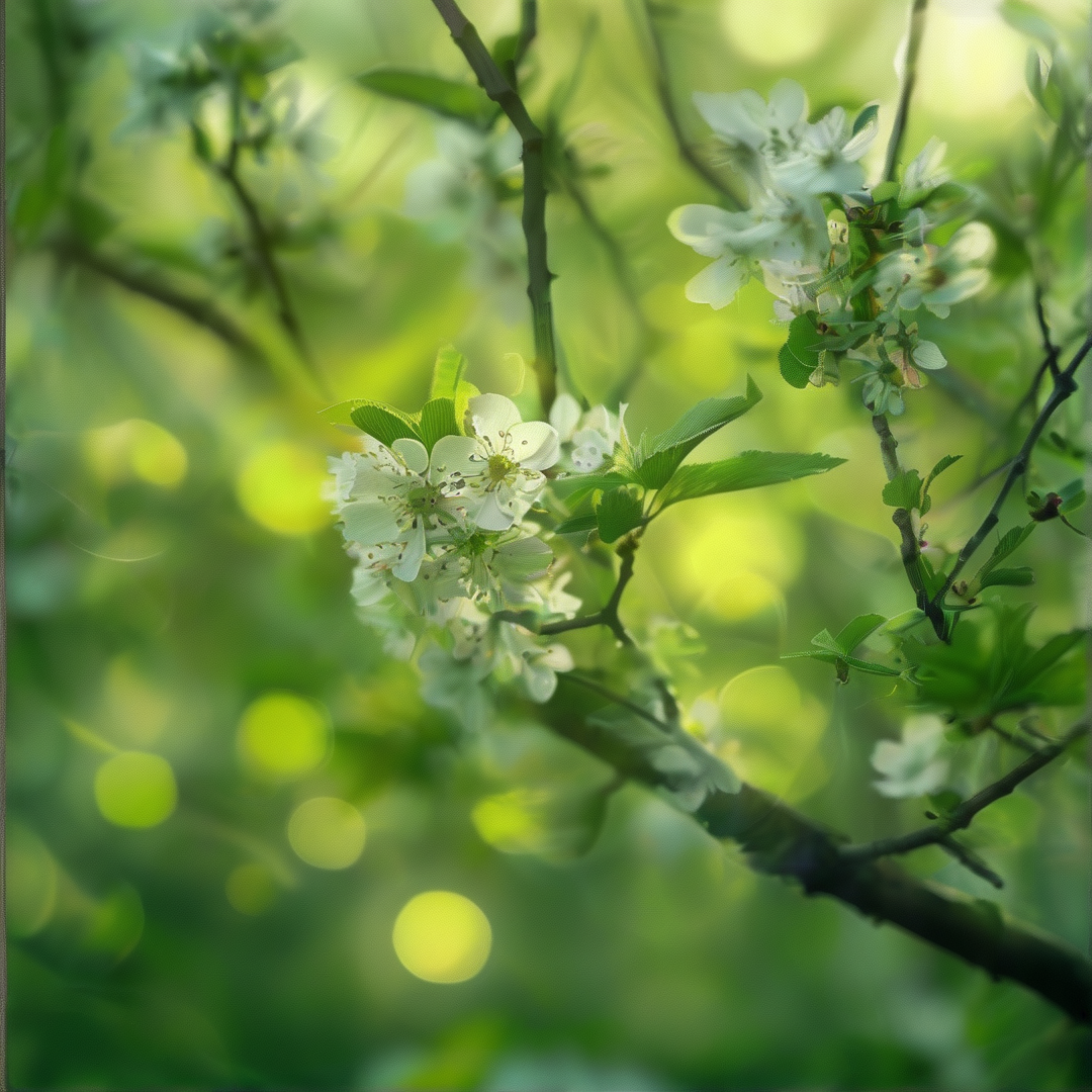 White flowers and green leaves adorn a branch with soft background light.