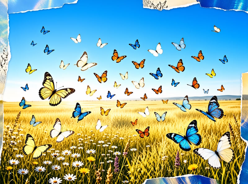 A large group of multicolored butterflies flies over a golden wheat field with wildflowers under a clear blue sky.