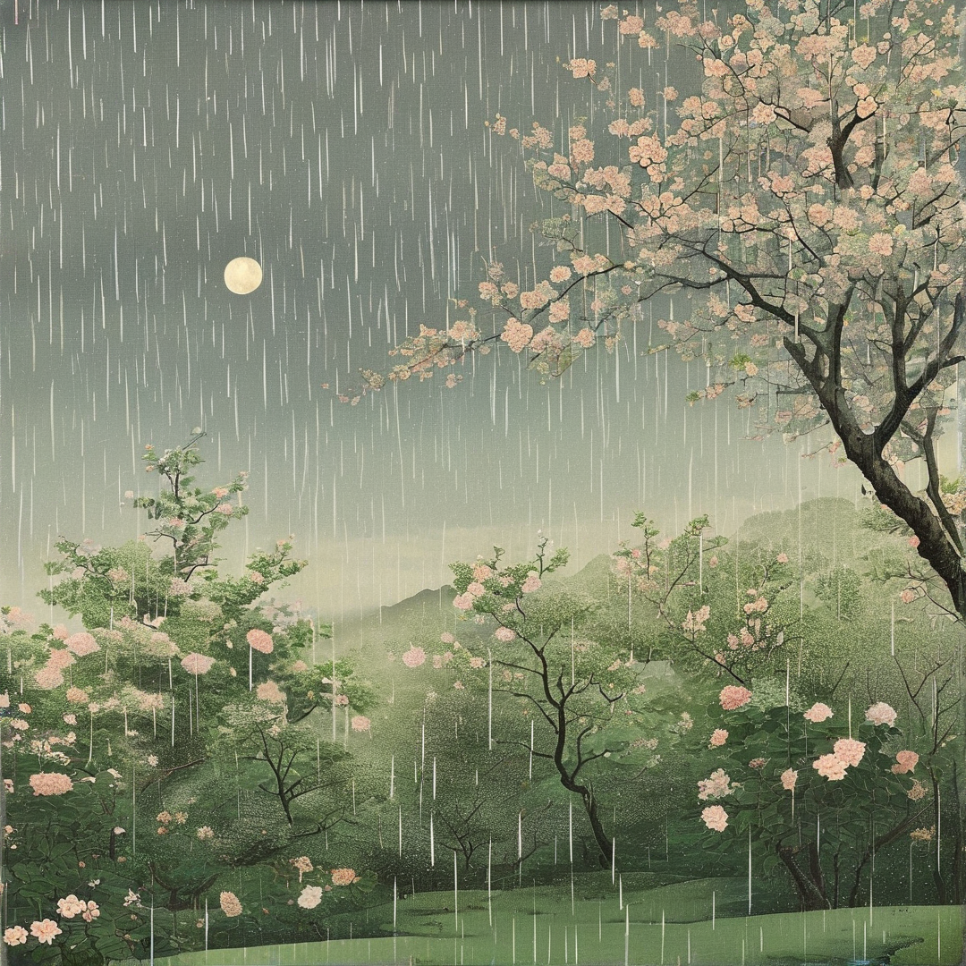 Pale pink cherry blossoms bloom on green slopes under falling rain while a bright full moon shines over hazy distant mountains.