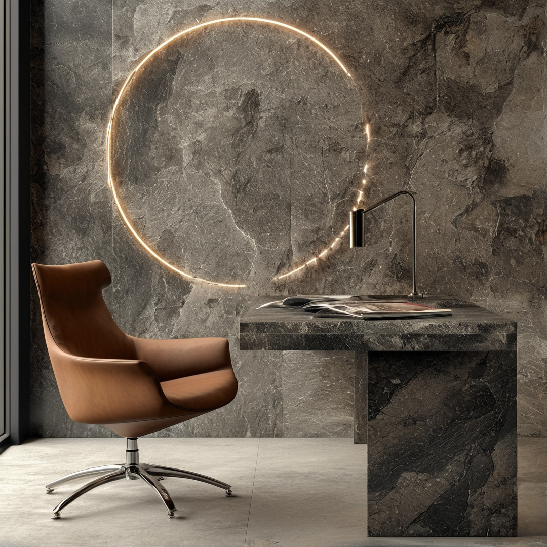 Cognac leather swivel chair with a chrome star base faces a marble desk beneath a luminous circular light on a slate wall.