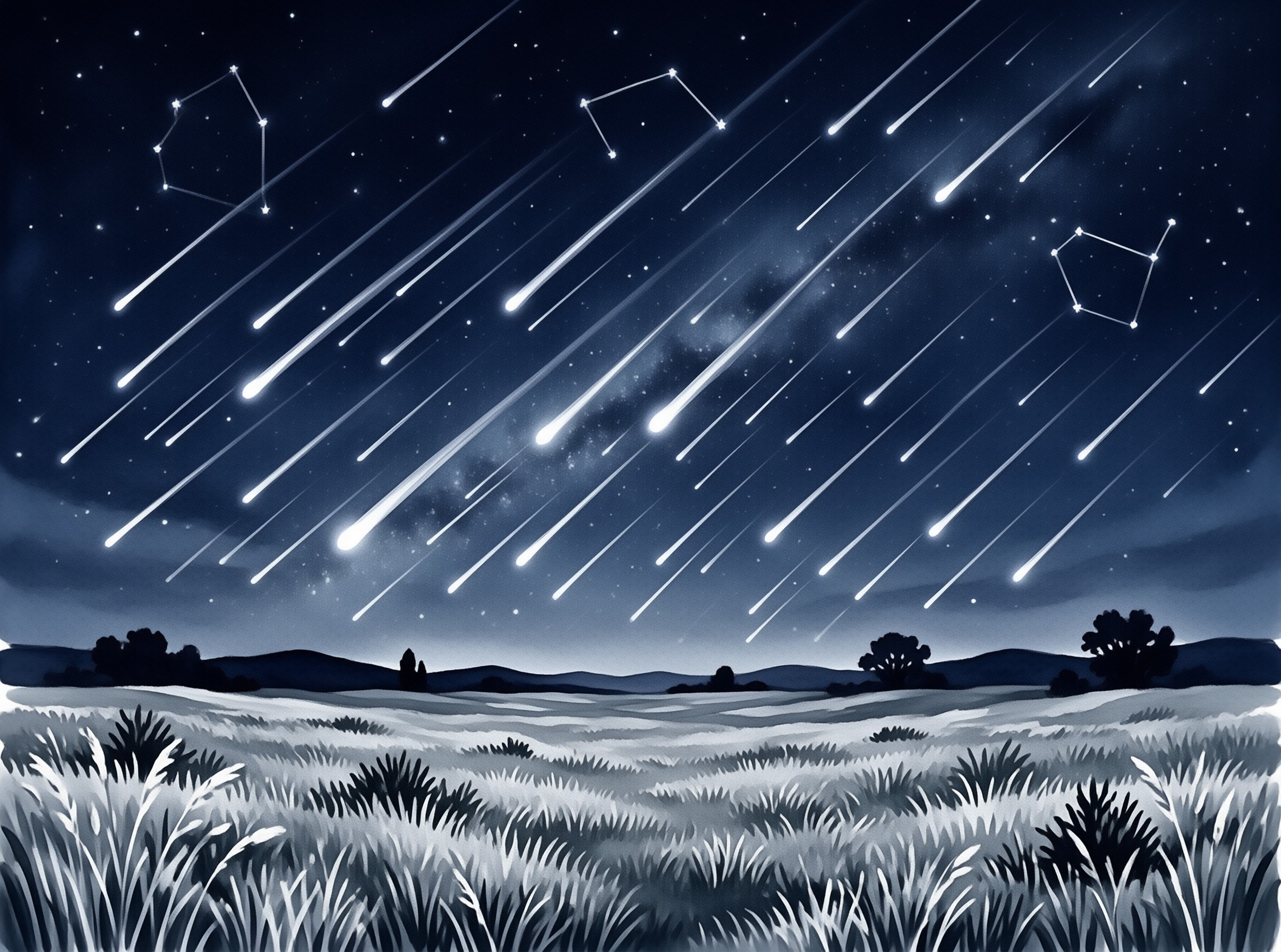Many bright meteor streaks fall diagonally across a deep blue starry sky above a silhouetted landscape of hills and tall grass.