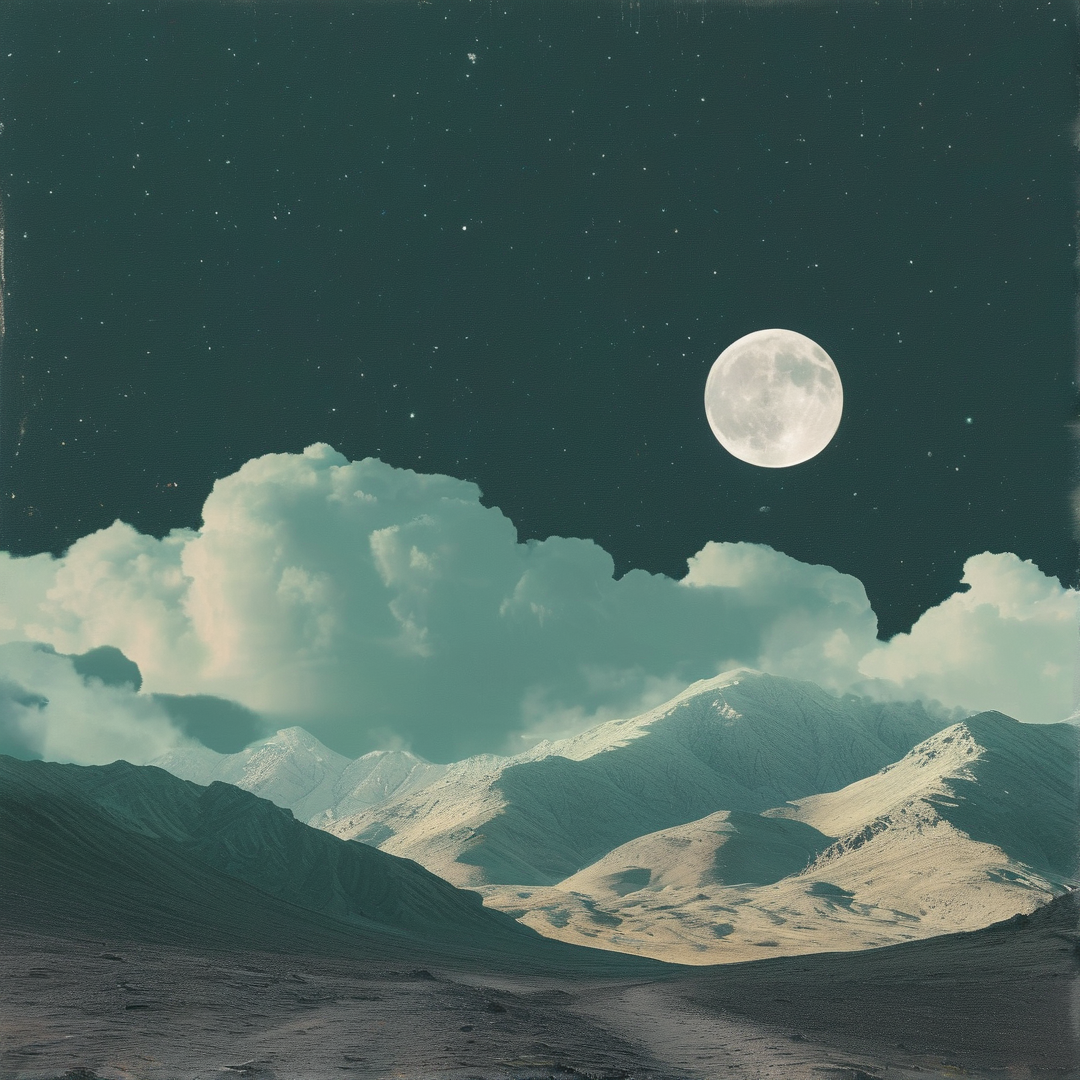 A bright full moon hangs in a dark starry night sky above pale turquoise clouds and sunlit snow covered mountain ridges.