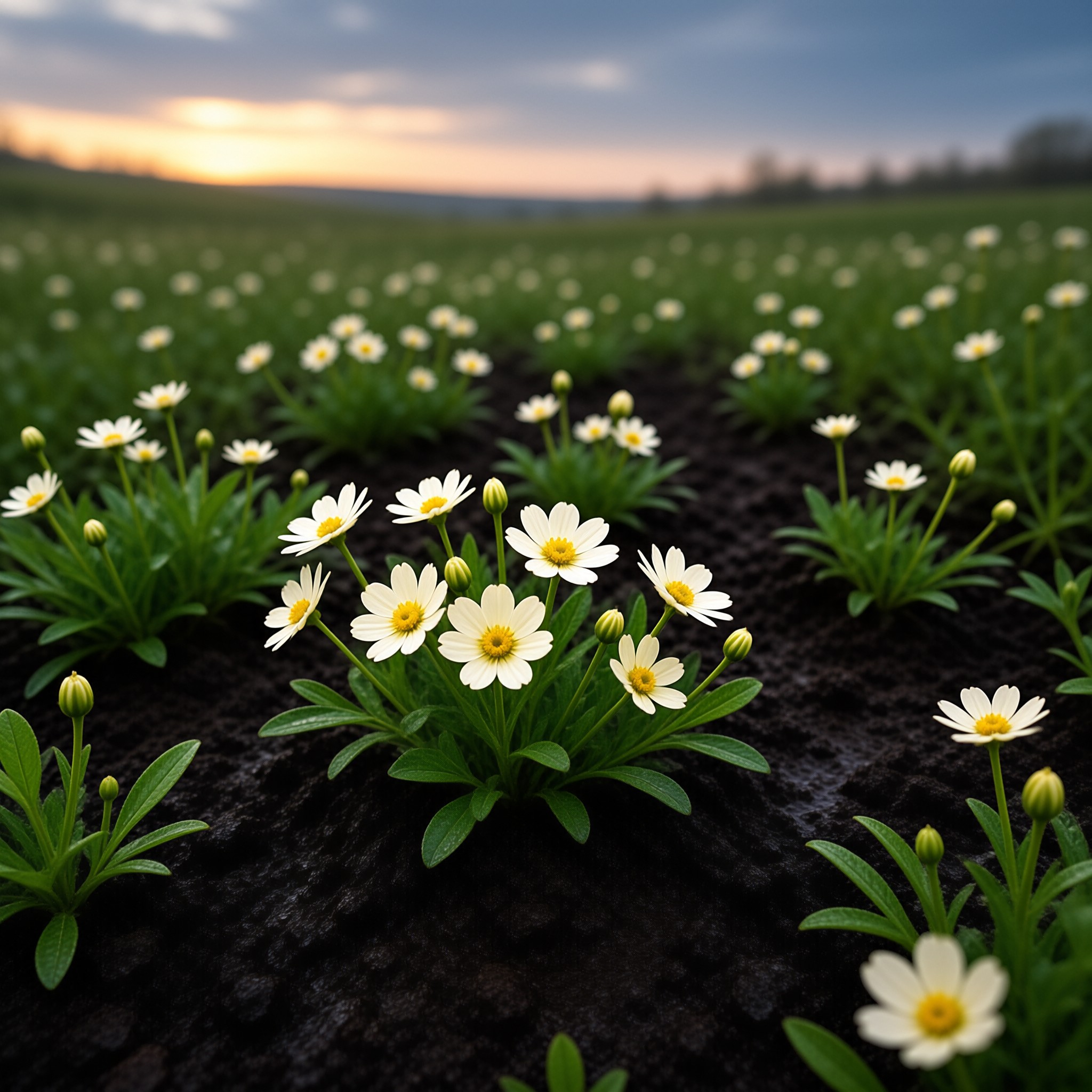 Rows of white flowers with yellow centers grow in dark soil under a fading twilight sky with orange clouds.