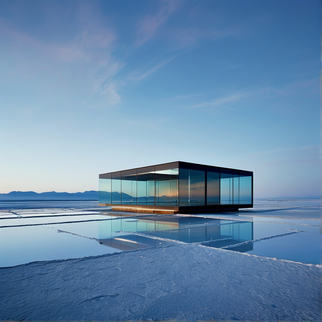 A dark framed glass pavilion reflects the blue sky on a vast salt flat.