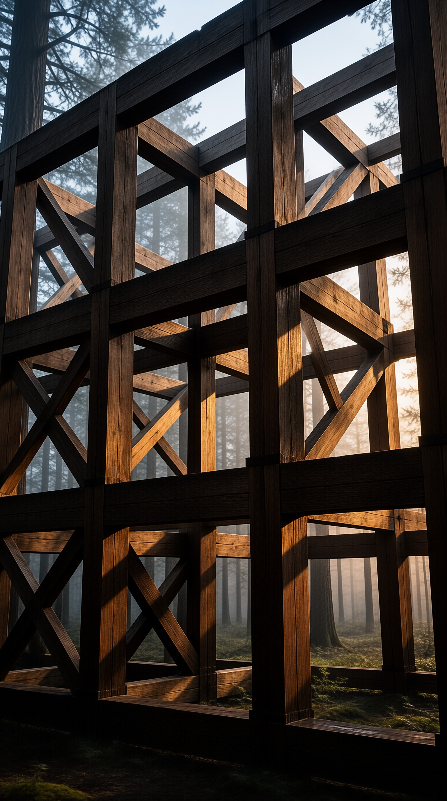 Wooden beams form a geometric skeleton amidst tall pine trees and soft background fog illuminated by warm light.