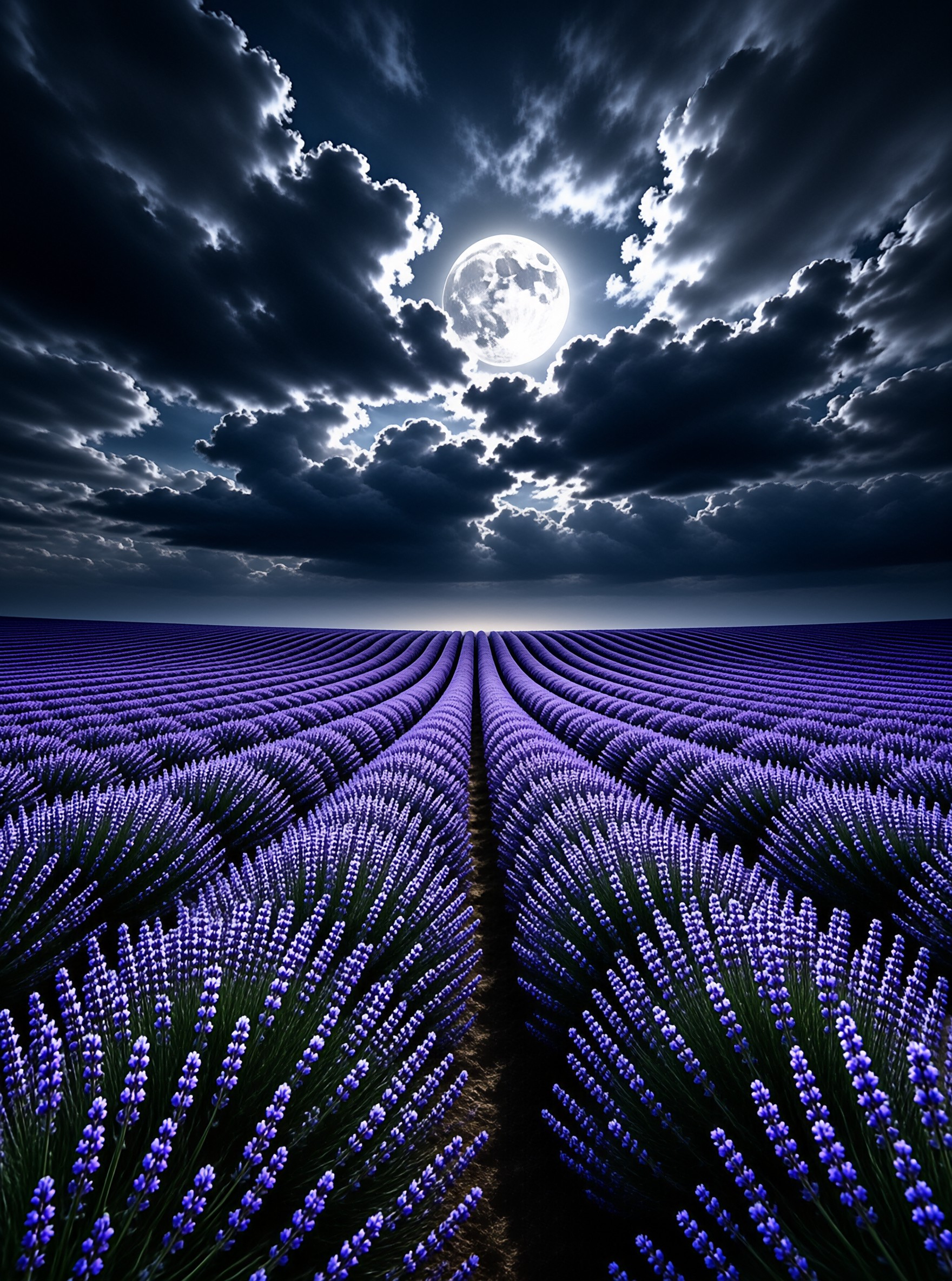 Moonlit Lavender Field at Night