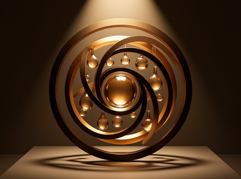 A golden spiral sculpture featuring suspended spheres illuminated by a focused spotlight against a dark background.