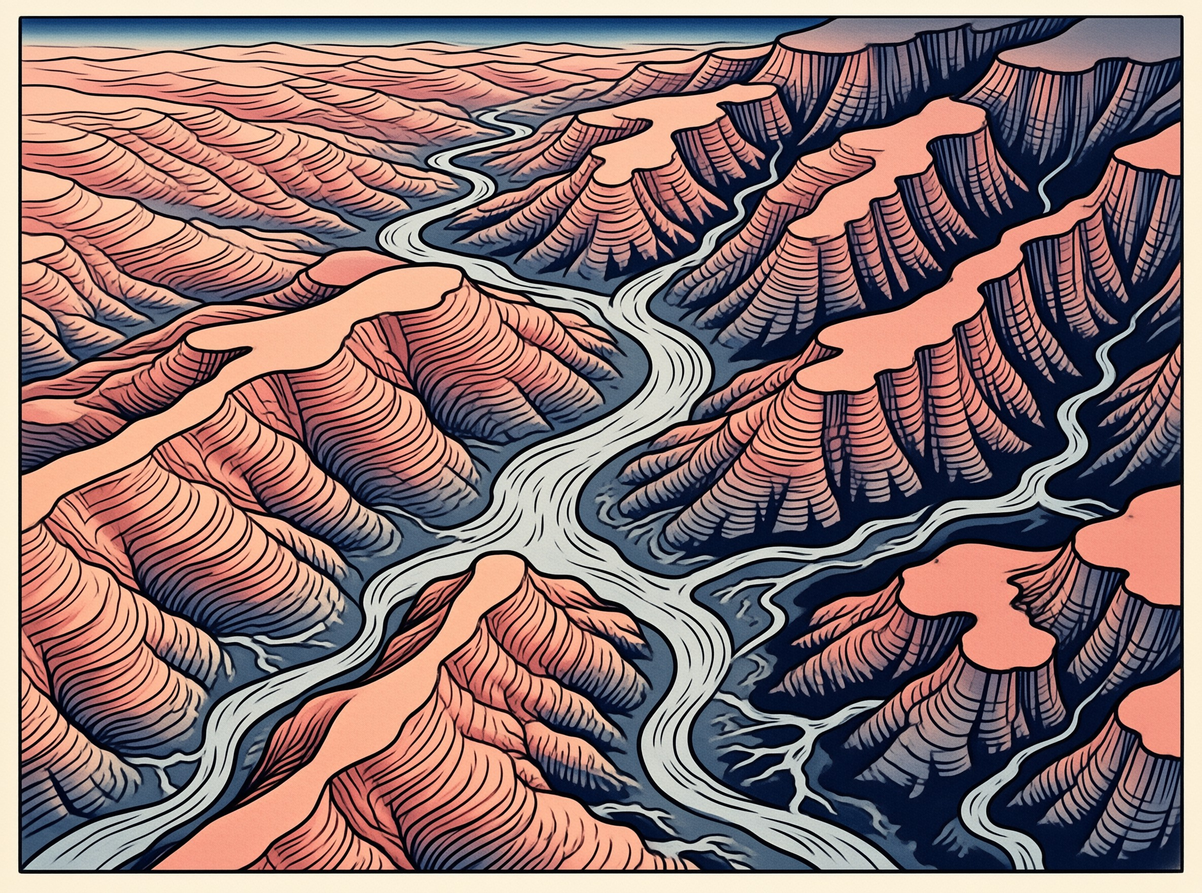 A stylized illustration showing white rivers winding through peach-colored hills and blue shadows in a canyon landscape.