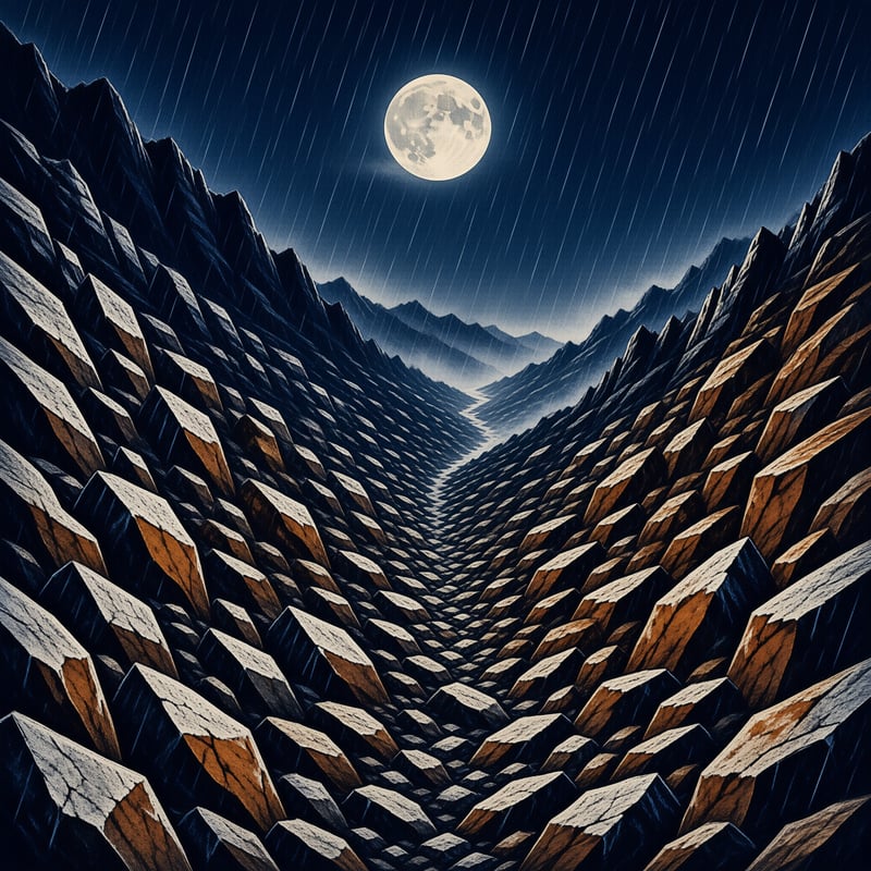 Sharp geometric rock formations create a deep valley under a bright moon and diagonal rain streaks.