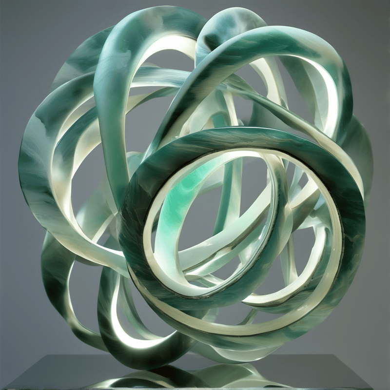 Glossy green and white marble loops intertwine into a luminous abstract sculpture on a grey stage.
