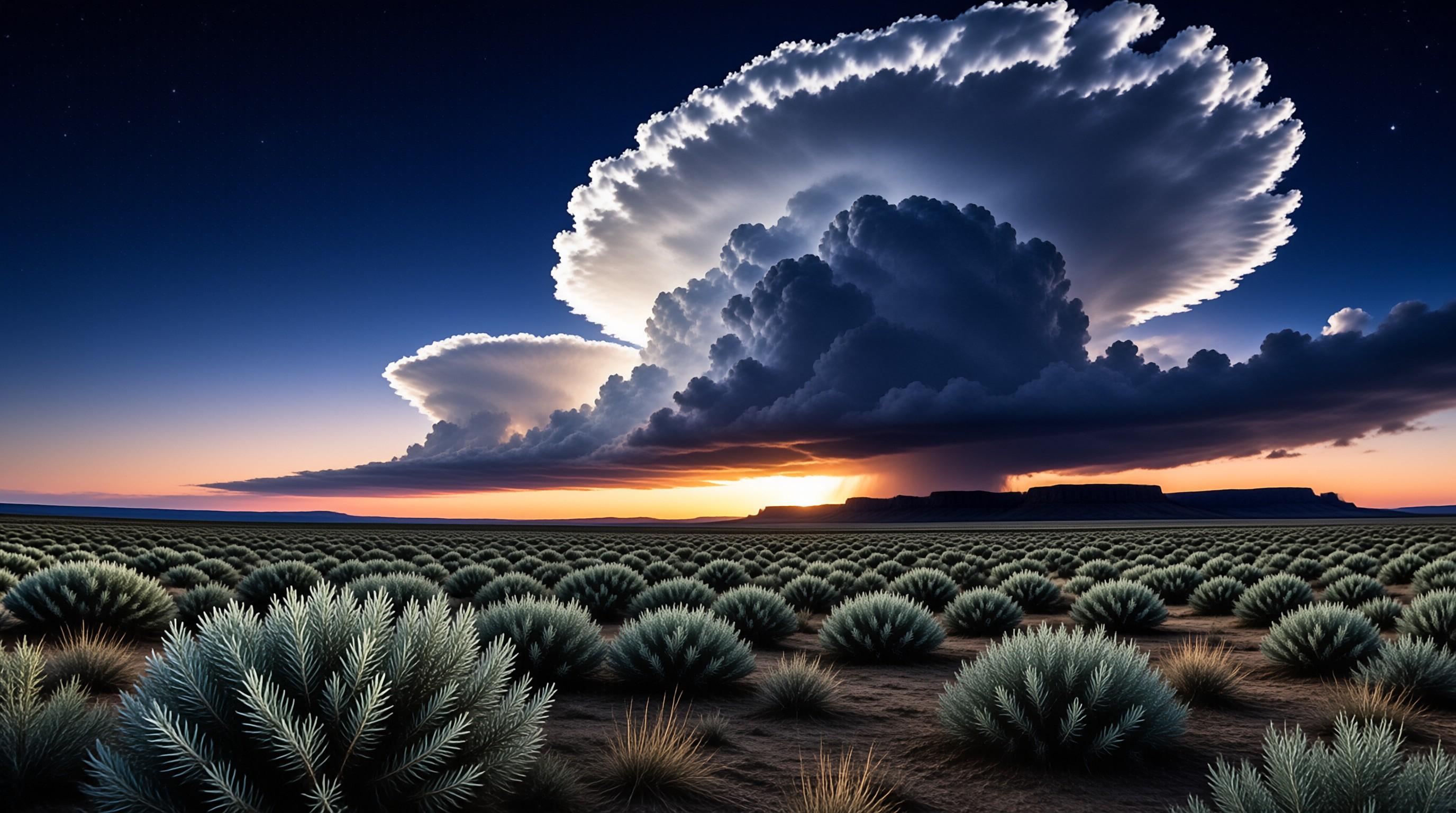 A towering mushroom-shaped thunderhead glows against a starry dusk sky above rows of spiky desert shrubs.